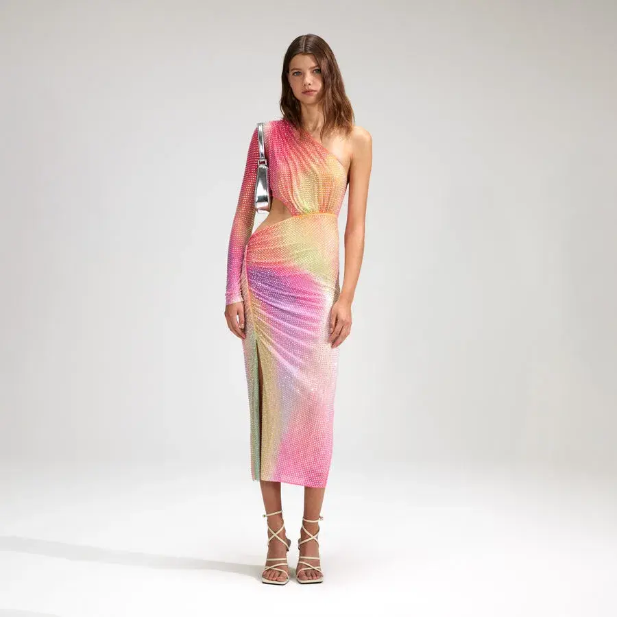 Self Portrait Printed Mesh Rhinestone Cutout Midi Dress Multi Size 8 - Image 1