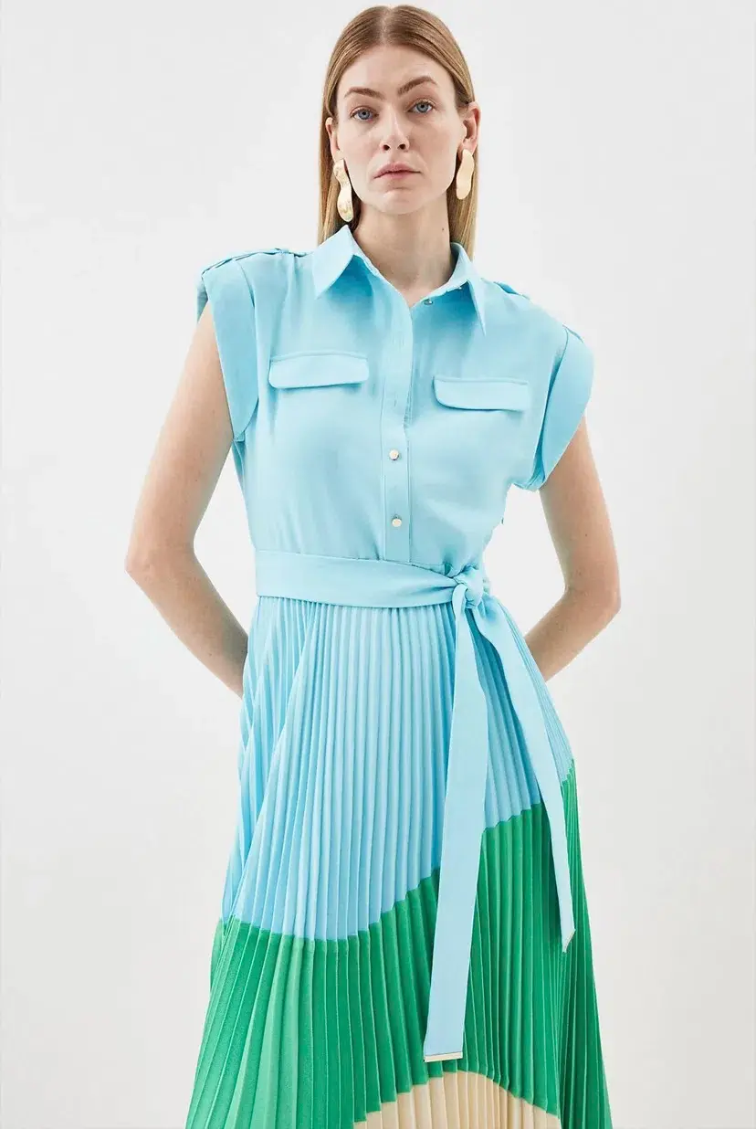Karen Millen Colour Block Pleated Woven Midi Shirt Dress Multi Size 8 - Image 4