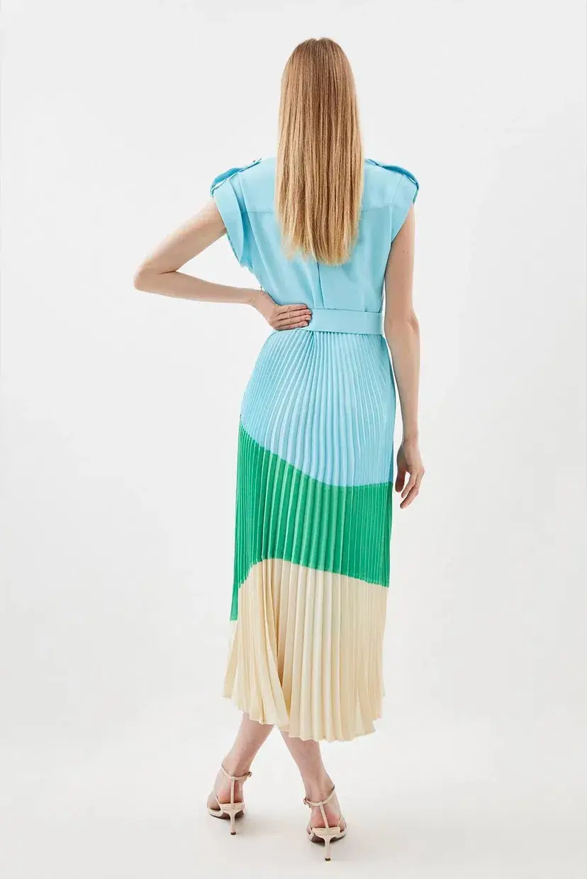 Karen Millen Colour Block Pleated Woven Midi Shirt Dress Multi Size 8 - Image 3