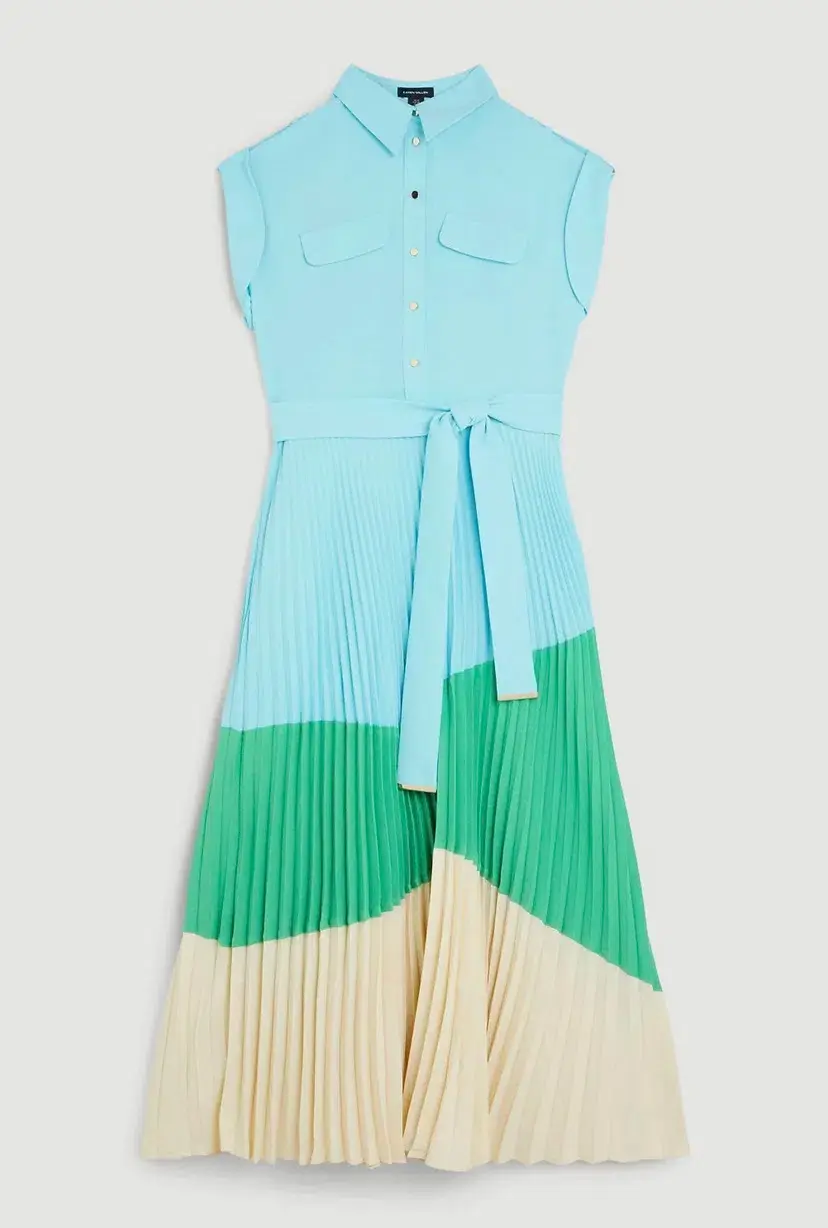 Karen Millen Colour Block Pleated Woven Midi Shirt Dress Multi Size 8 - Image 5