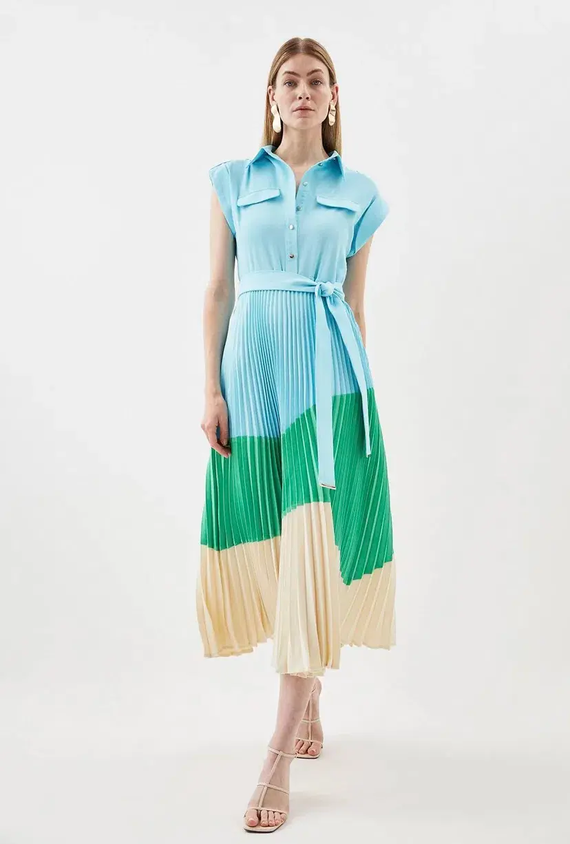 Karen Millen Colour Block Pleated Woven Midi Shirt Dress Multi Size 8 - Image 1