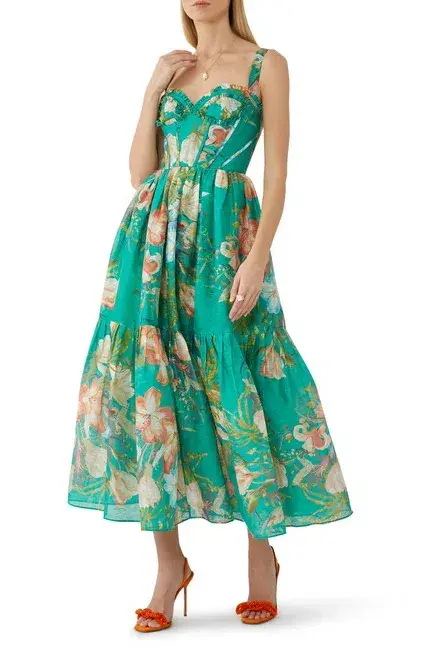 Leo Lin Rose Bustier Midi Dress In Opulent Print in Verdant Size 6 - Image 1