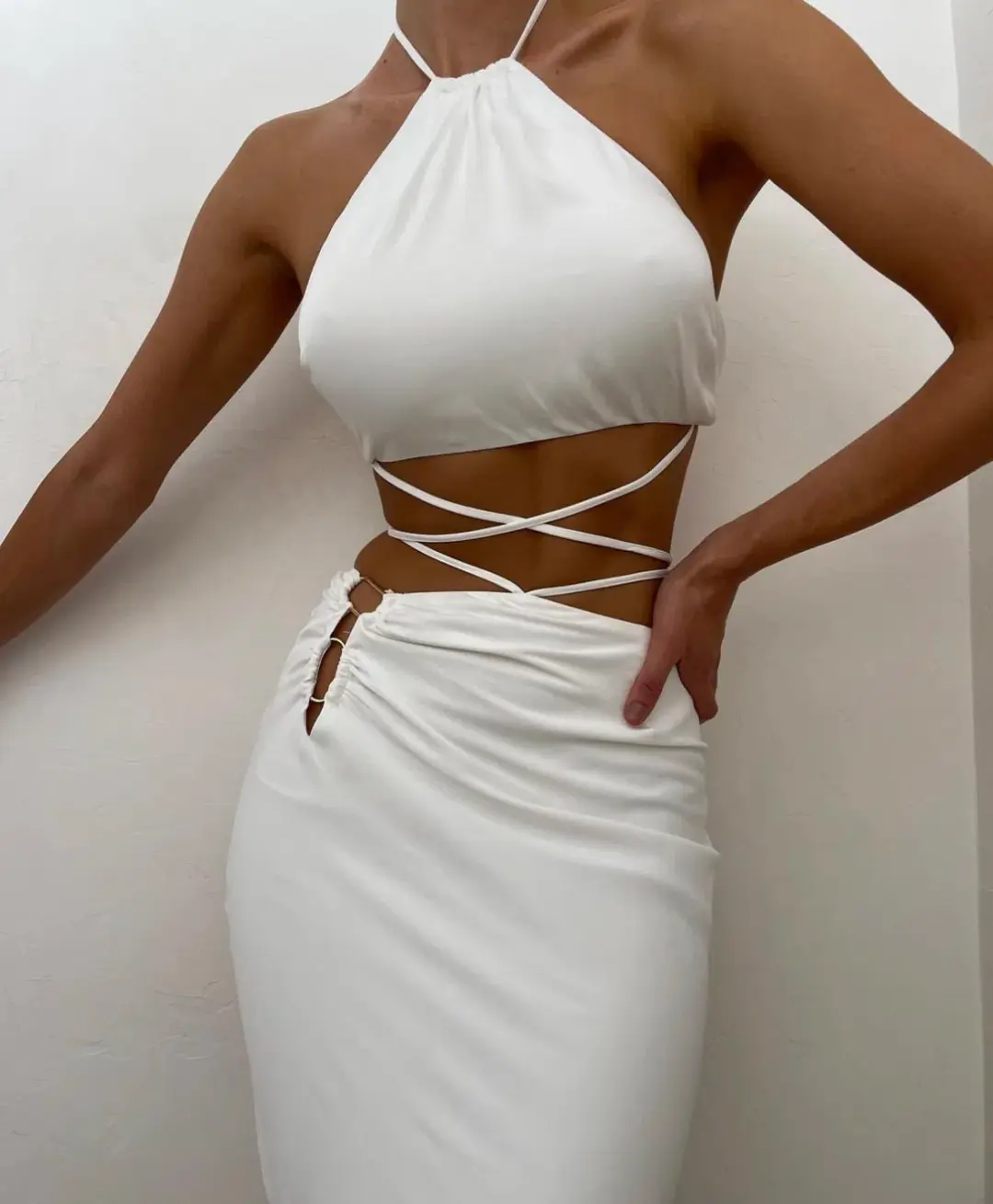MESHKI Leanne Halter Tie Front Midi Dress White Size 6 for rent on The Volte - main image
