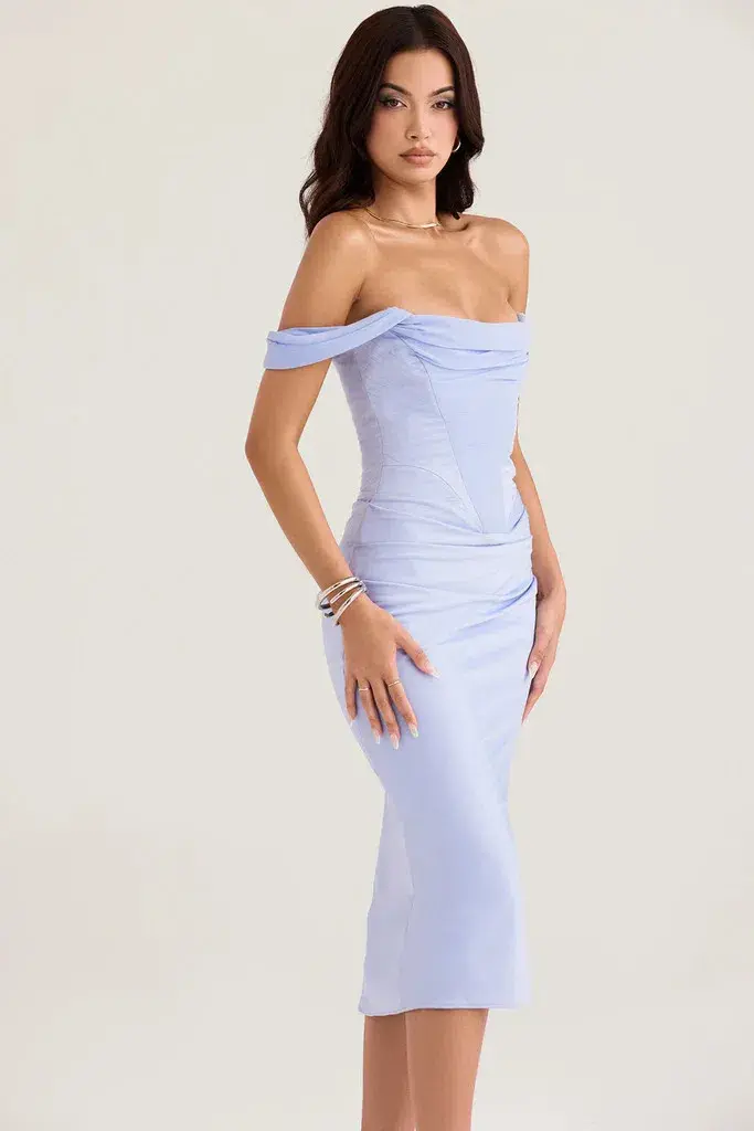 House of CB Natalya Sky Satin Corset Midi Dress Blue Size AU 6 for rent on The Volte - main image