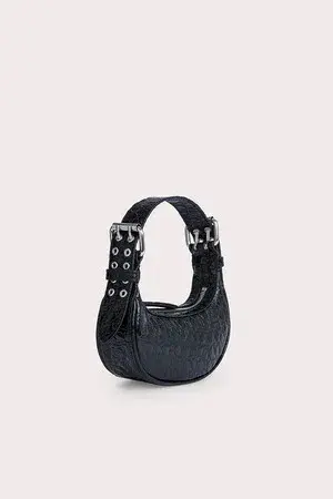 By Far Mini Soho Circular Croco Embossed Leather Bag  Black - Image 2