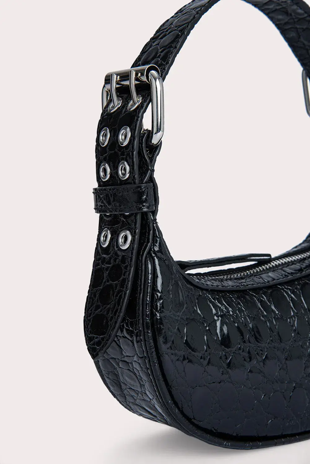 By Far Mini Soho Circular Croco Embossed Leather Bag  Black - Image 3