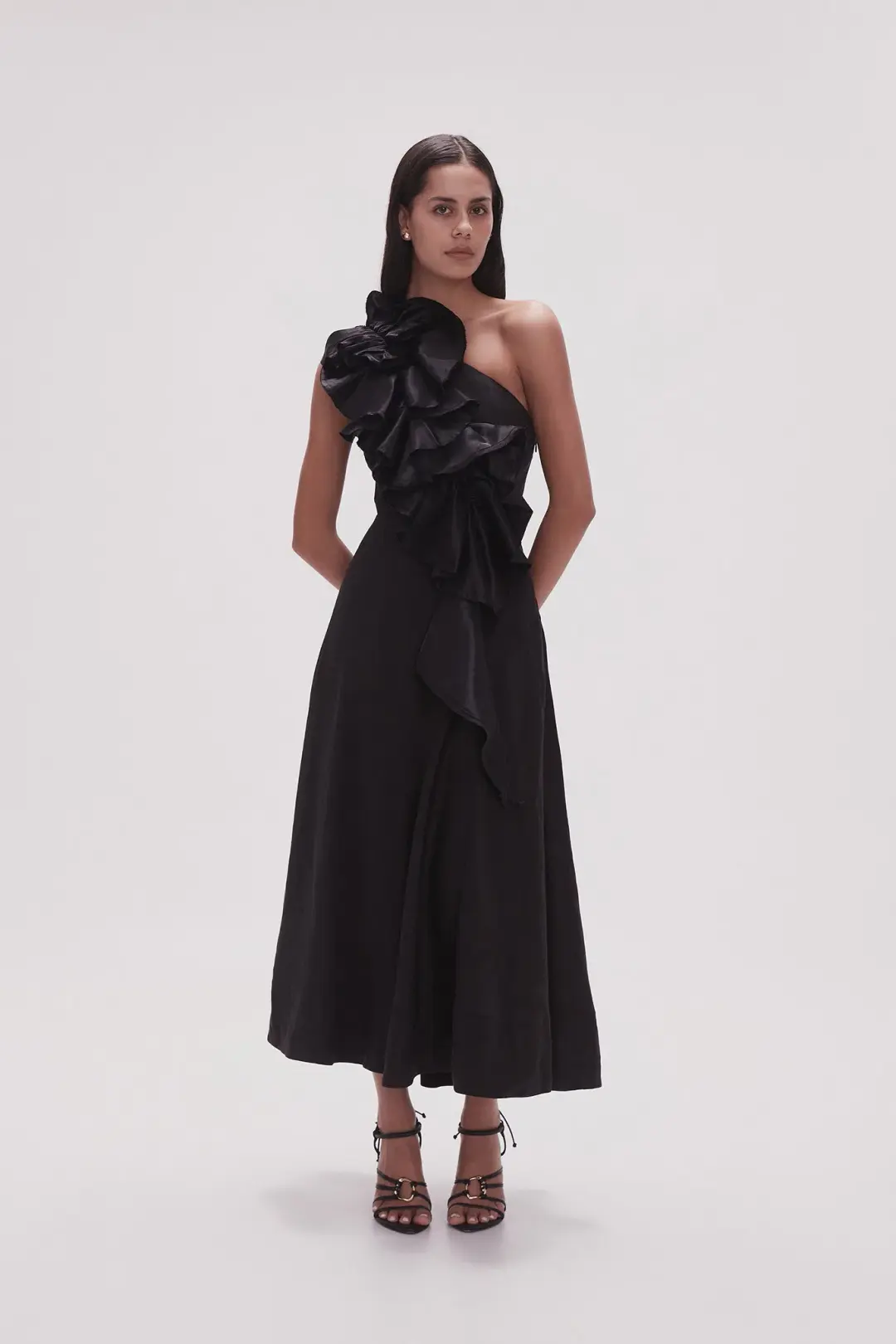 AJE Adelia Ruffle Midi Dress Black Size 8 for rent on The Volte - main image
