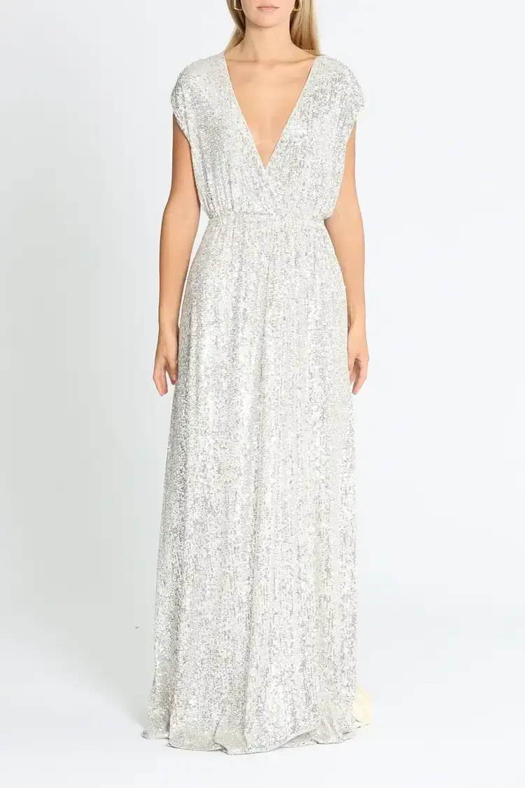 Elle Zeitoune Wrap Style V Neck Sequin Gown Silver Size 10 - Image 1
