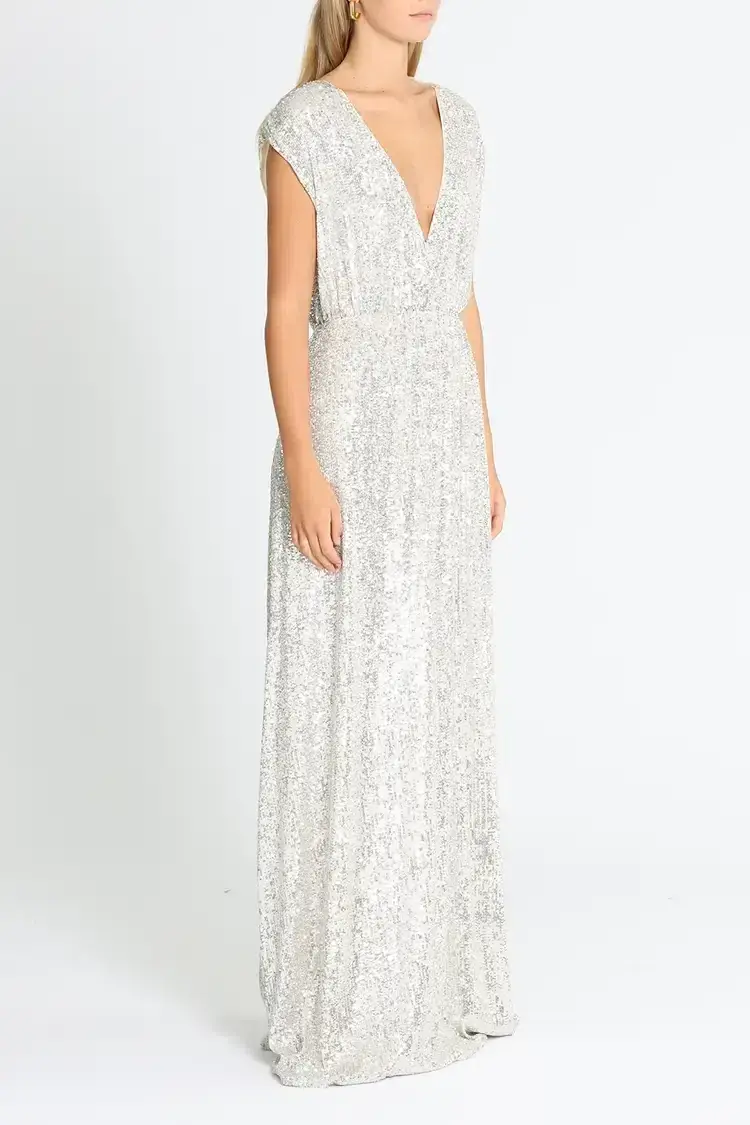 Elle Zeitoune Wrap Style V Neck Sequin Gown Silver Size 10 - Image 2