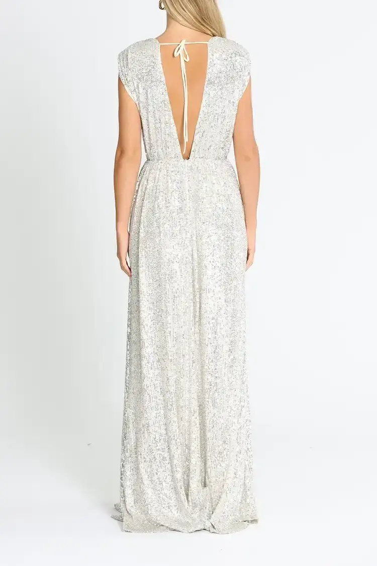 Elle Zeitoune Wrap Style V Neck Sequin Gown Silver Size 10 - Image 3