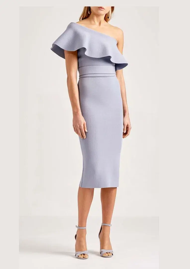 Scanlan Theodore Off the Shoulder Crepe Midi Dress Blue Size 8 for rent on The Volte - main image