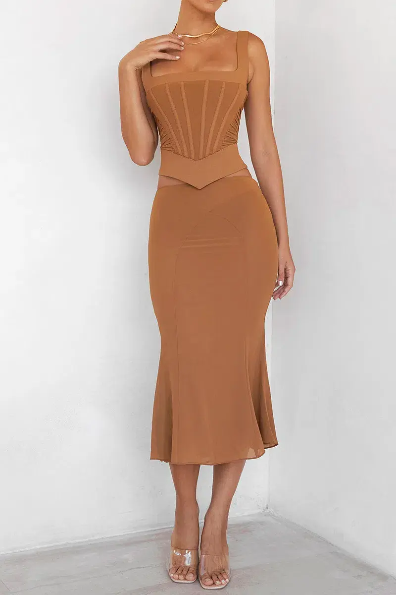 House of CB Mistress Rocks Caramel Gathered Corset & Midi Skirt Set Brown Size XS / AU 6 - Image 3