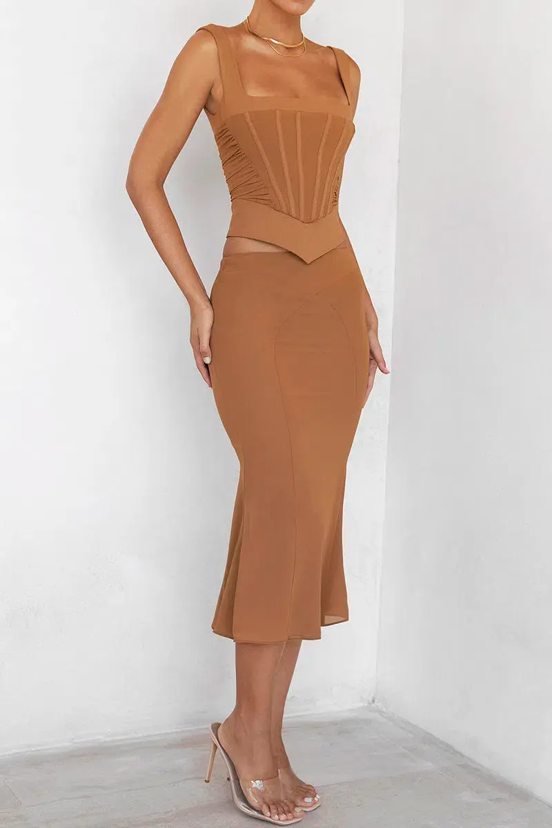 House of CB Mistress Rocks Caramel Gathered Corset & Midi Skirt Set Brown Size XS / AU 6 - Image 4