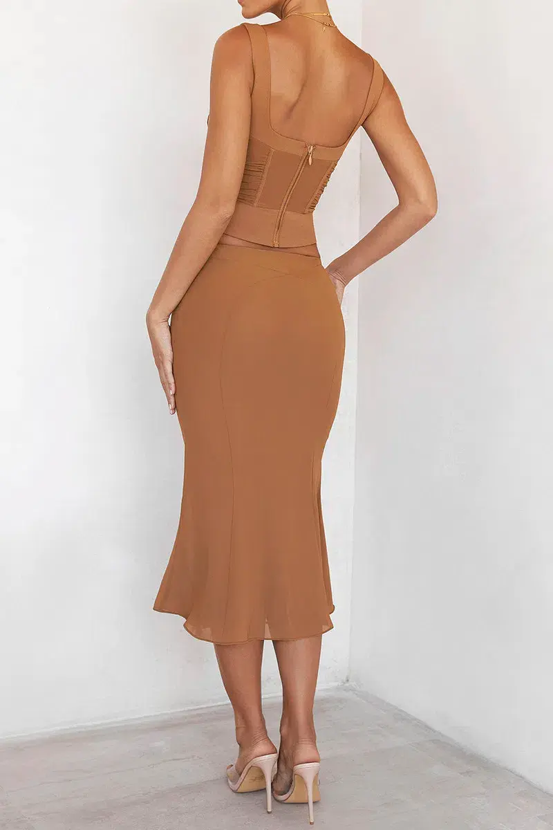 House of CB Mistress Rocks Caramel Gathered Corset & Midi Skirt Set Brown Size XS / AU 6 - Image 6