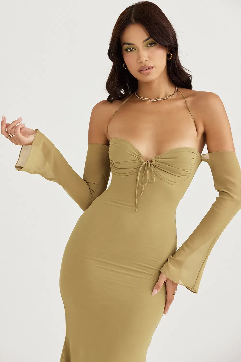 House of CB Naomi Halter Midi Dress Olive Size S / AU 8  for rent on The Volte - main image