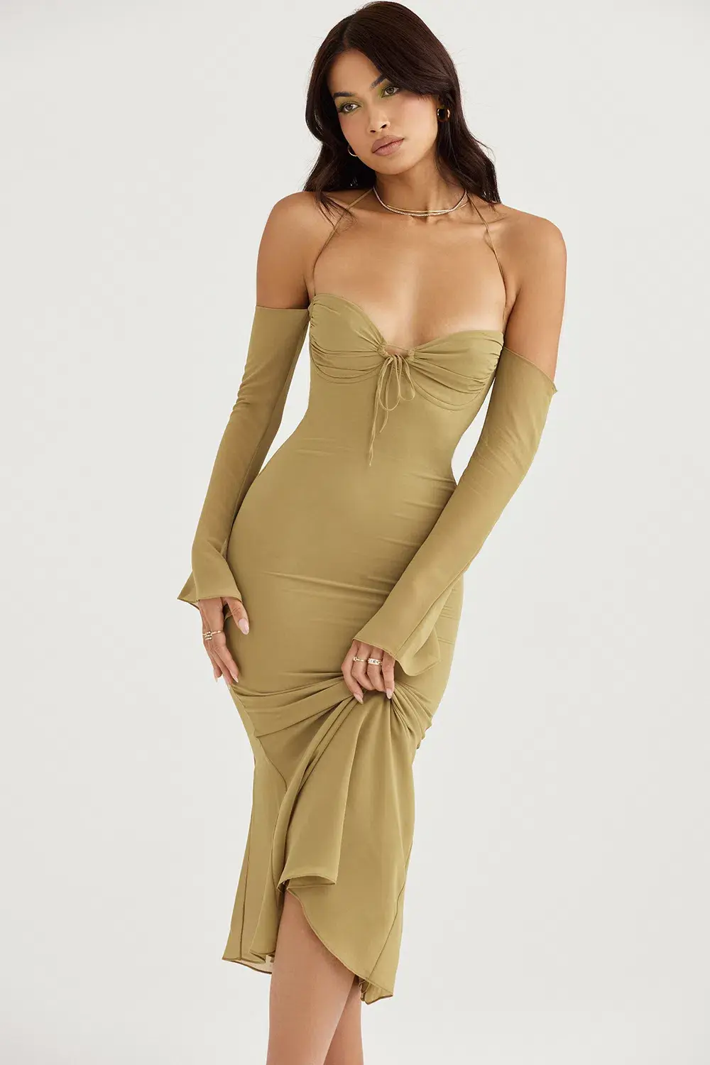 House of CB Naomi Halter Midi Dress Olive Size S / AU 8  for rent on The Volte - main image