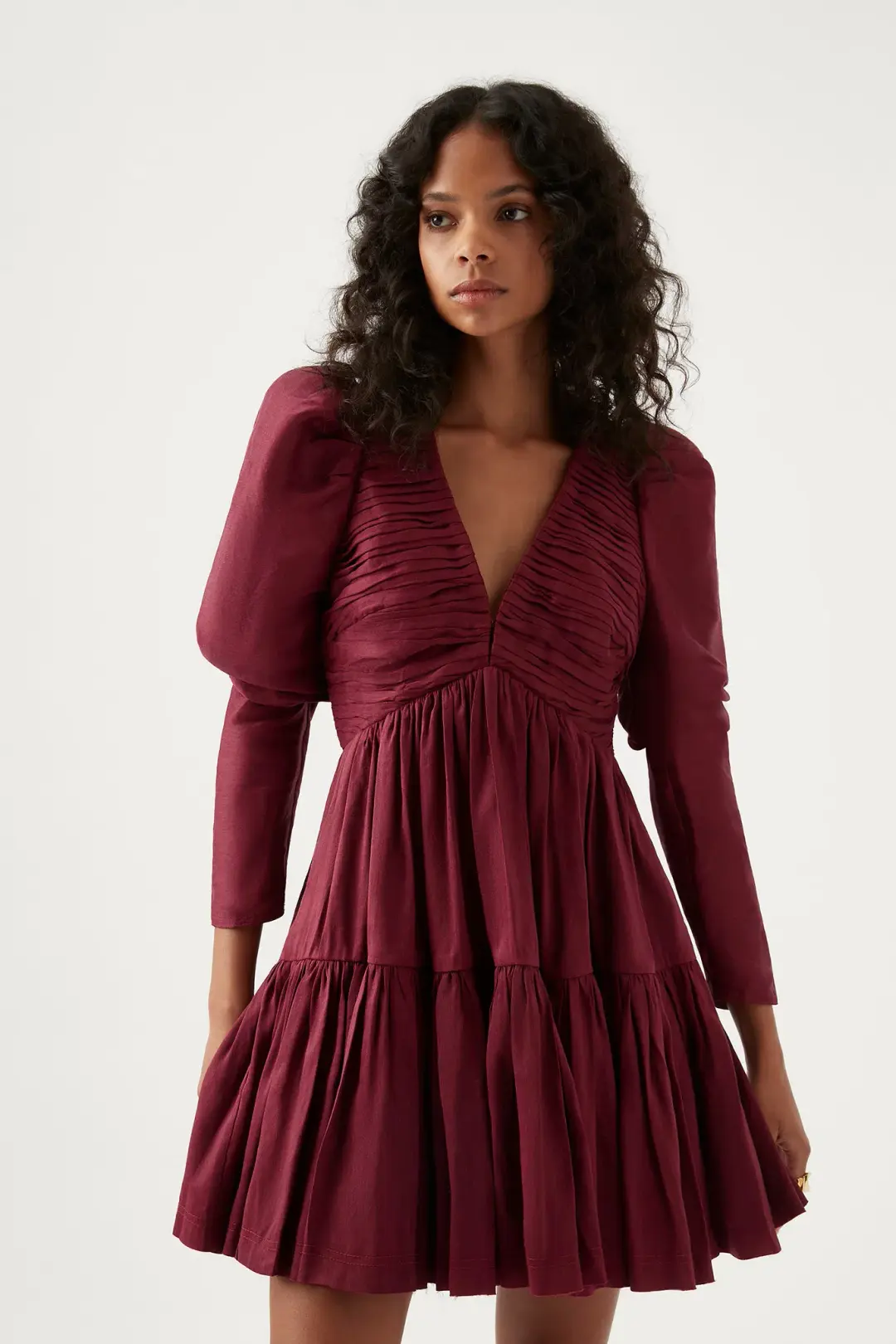 Aje Impasto Ruched Mini Dress Burgundy Size AU 10  for rent on The Volte - main image