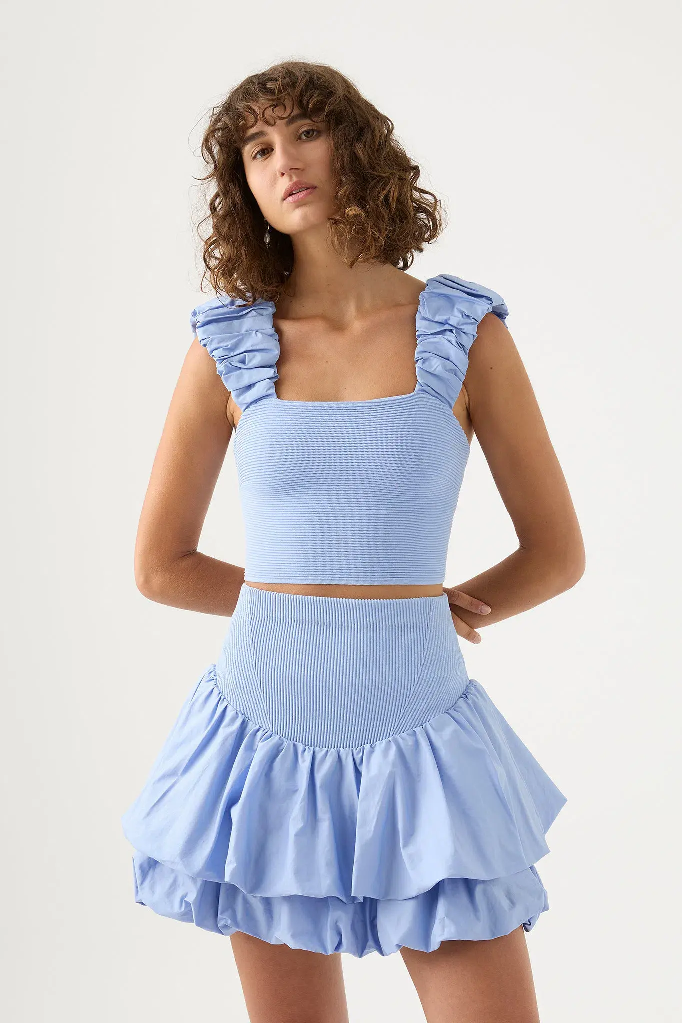Aje Allard Ruched Strap Knit Top And Turner Bubble Skirt Set Sky Blue Set Size 6 - Image 2