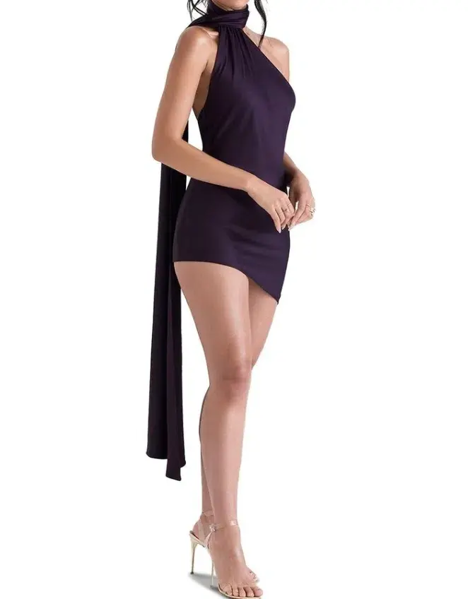 House of CB Aida Asymmetric Wrap Neck Dress Night Shade Size 8 - Image 3