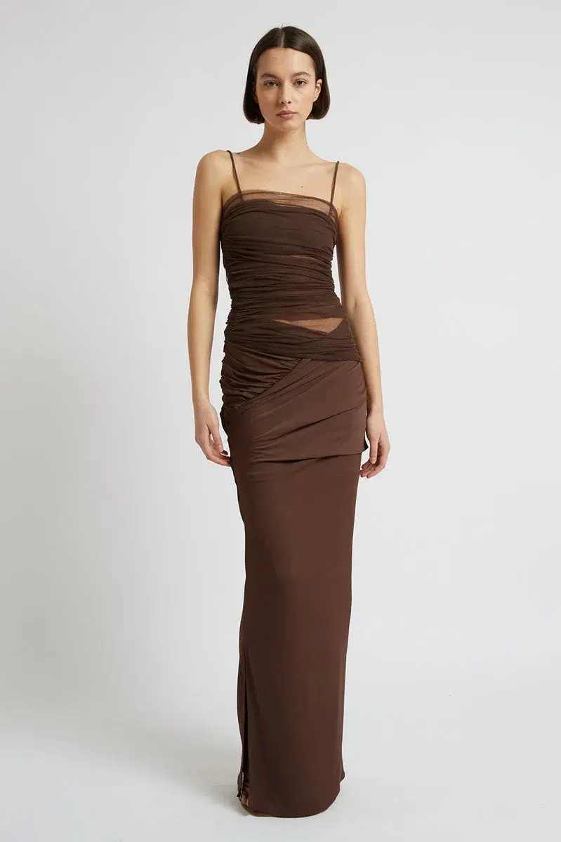 Christopher Esber Veiled Cami & Twisted Wrap Maxi Skirt Set Brown Size L/AU 12  - Image 1