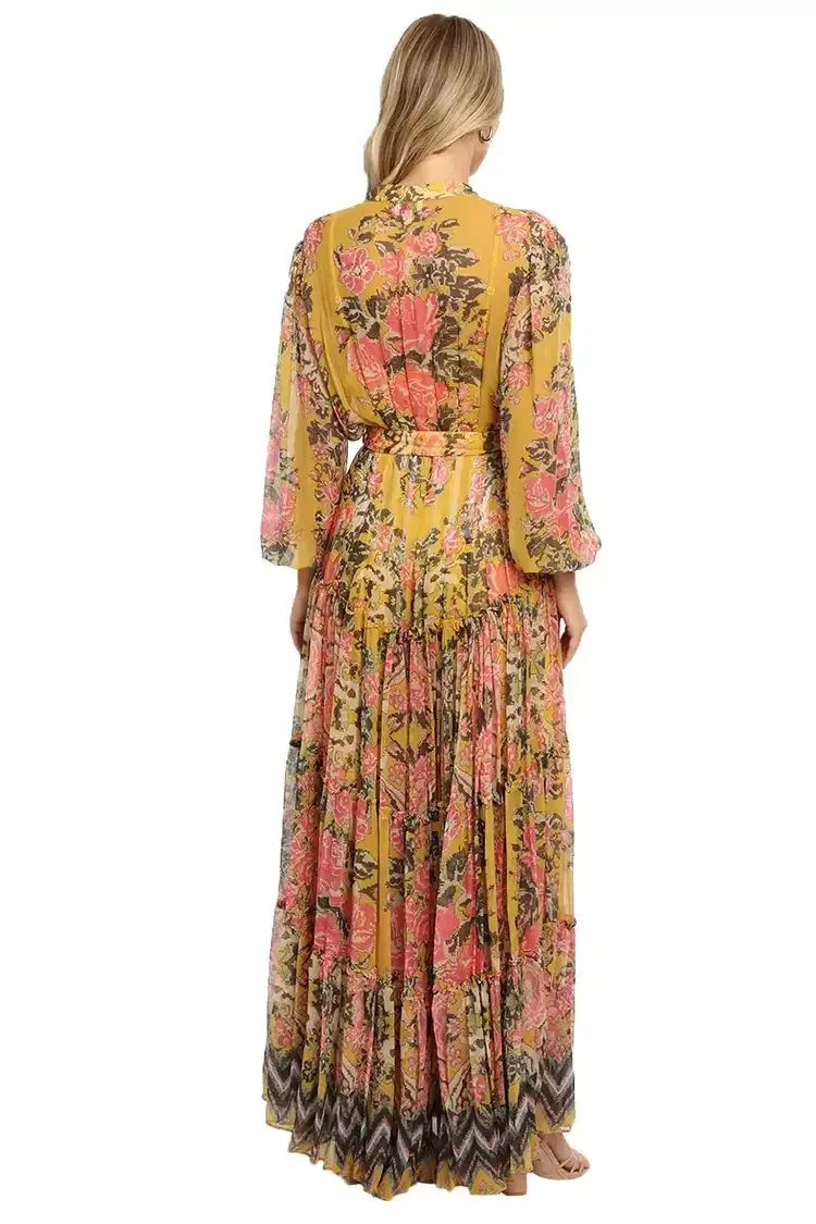 Hemant & Nandita Nova Tiered Maxi Multi Mustard Print Yellow Size 12 - Image 3