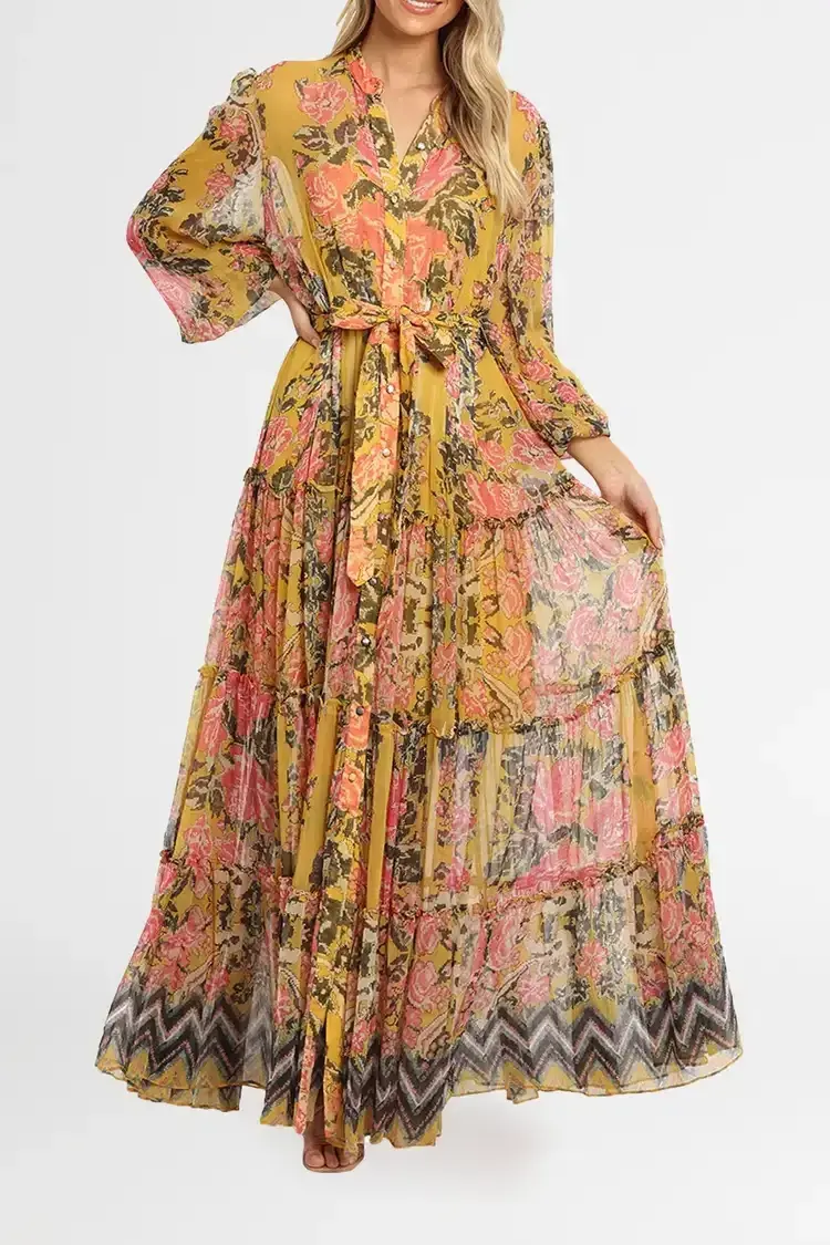 Hemant & Nandita Nova Tiered Maxi Multi Mustard Print Yellow Size 12 - Image 1