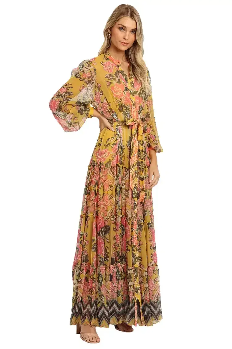 Hemant & Nandita Nova Tiered Maxi Multi Mustard Print Yellow Size 12 - Image 2