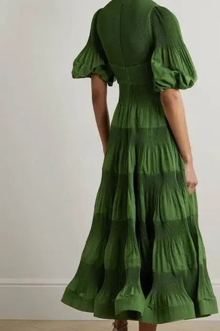 Zimmermann Pleated Tiered Twill Midi Dress Green Size 2 / AU 12 - Image 2
