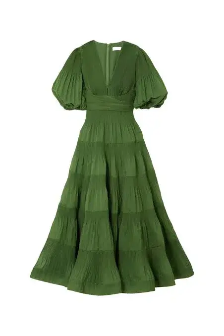 Zimmermann Pleated Tiered Twill Midi Dress Green Size 2 / AU 12 - Image 3