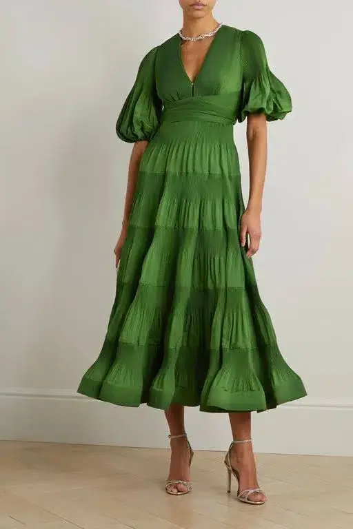 Zimmermann Pleated Tiered Twill Midi Dress Green Size 2 / AU 12 - Image 1