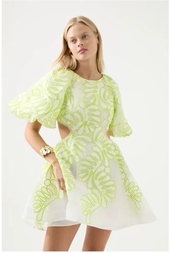 Aje Botanical Applique Mini Dress Ivory/Citrus Yellow Size XXS / AU 4 - Image 2