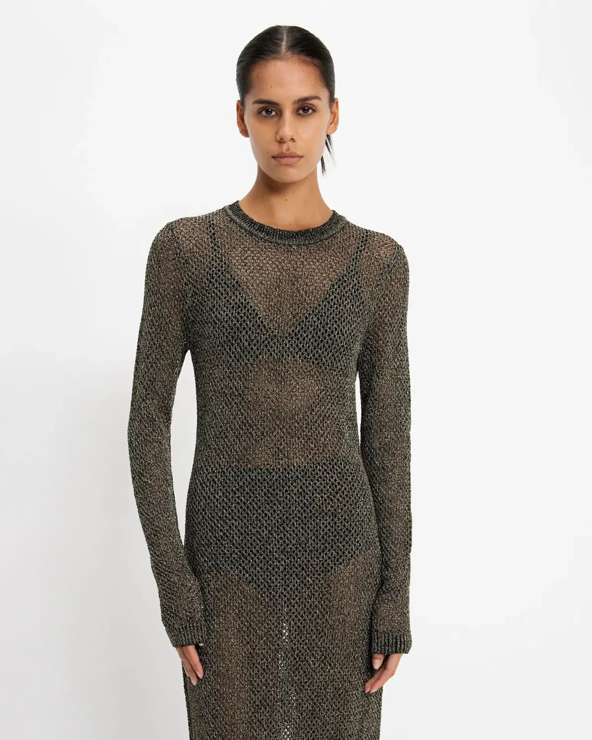 Cue Lurex Crochet Maxi Dress Gunmetal Size 8 - Image 2
