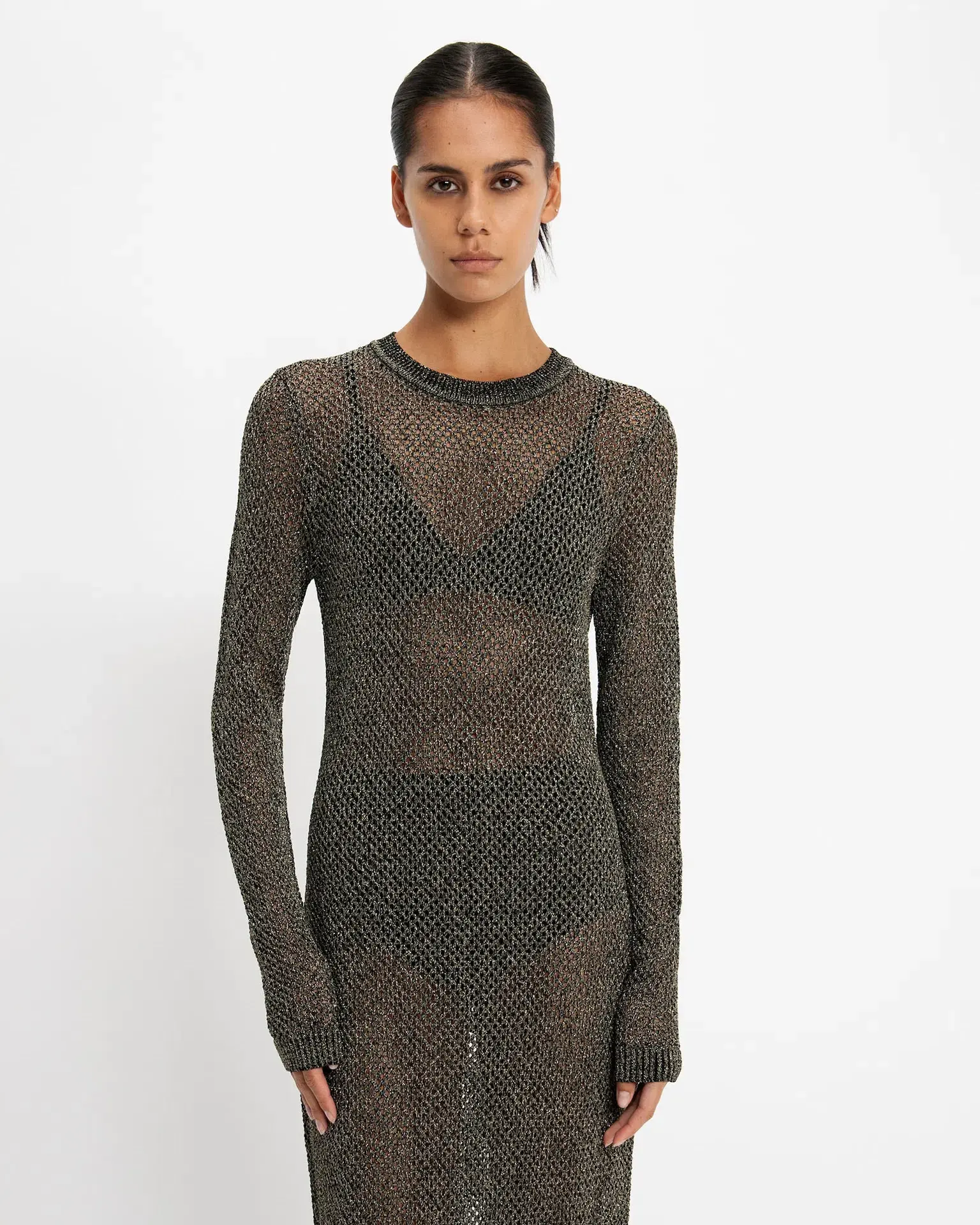 Cue Lurex Crochet Maxi Dress Gunmetal Size 8 - Image 2