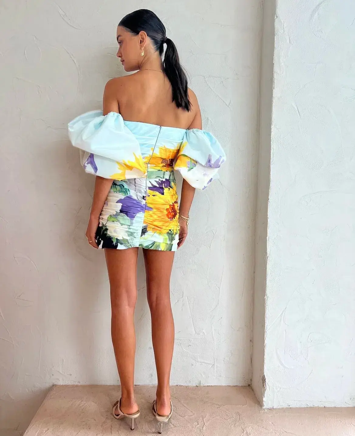 Leo Lin Brenda Puffy Sleeve Mini Dress Sunflower Print Size 6 - Image 3