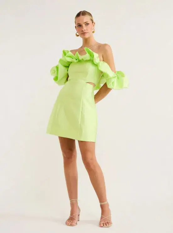 Alemais Suzi Off Shoulder Mini Dress in Chartreuse  Green Size AU 8 - Image 1