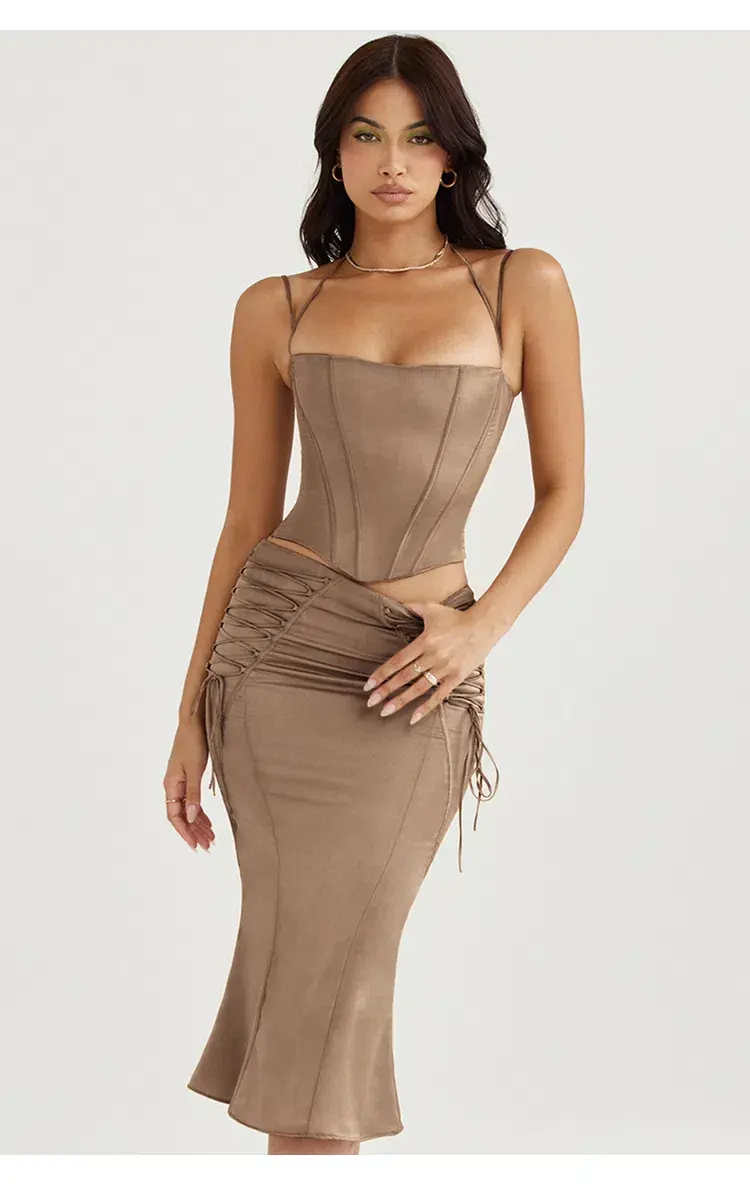 House of CB Chantelle Satin Corset & Sidonie Satin Lace Up Midi Skirt Set in Latte Size XL / AU 14 - Image 6