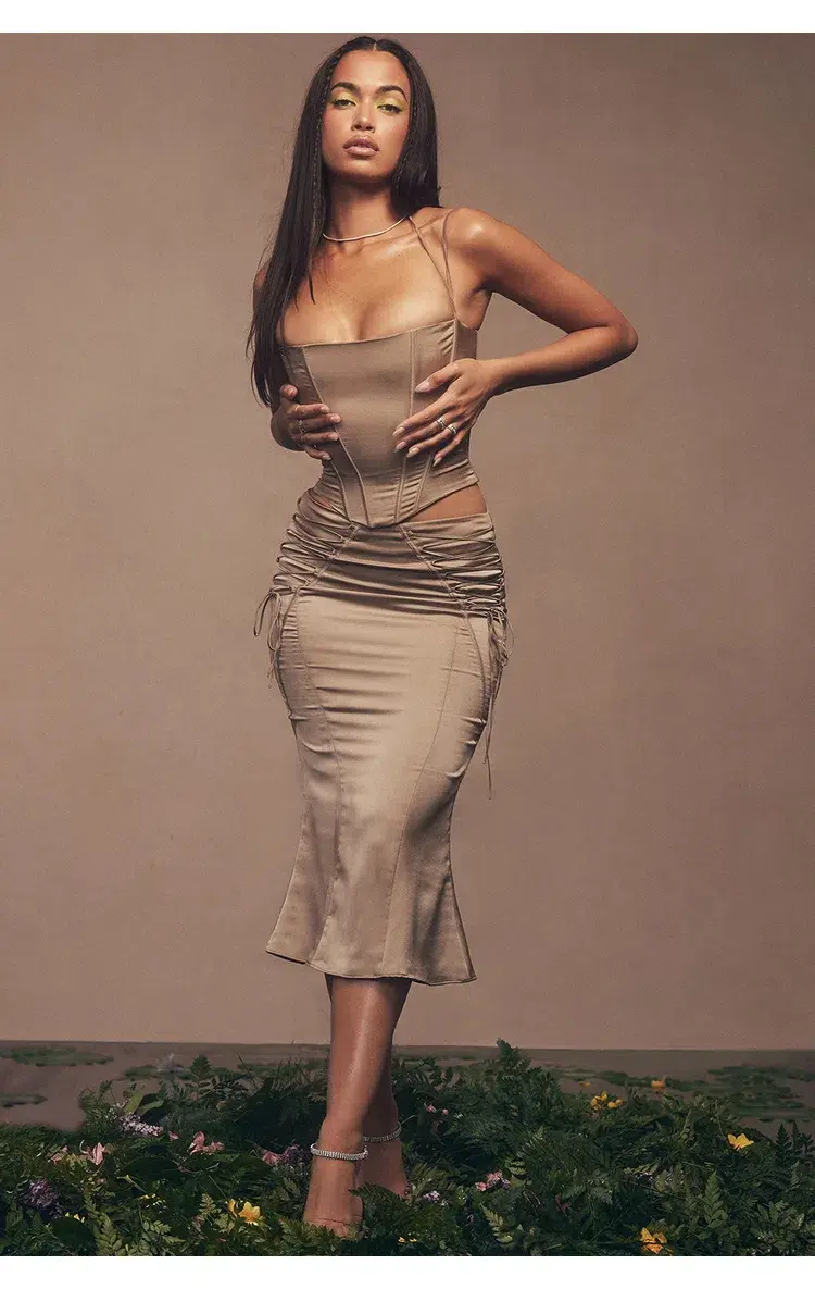 House of CB Chantelle Satin Corset & Sidonie Satin Lace Up Midi Skirt Set in Latte Size XL / AU 14 for rent on The Volte - main image