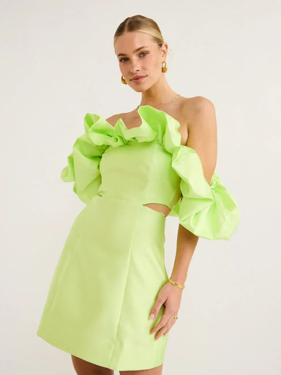 Alemais Suzi Off Shoulder Mini Dress in Chartreuse Size 12 - Image 3