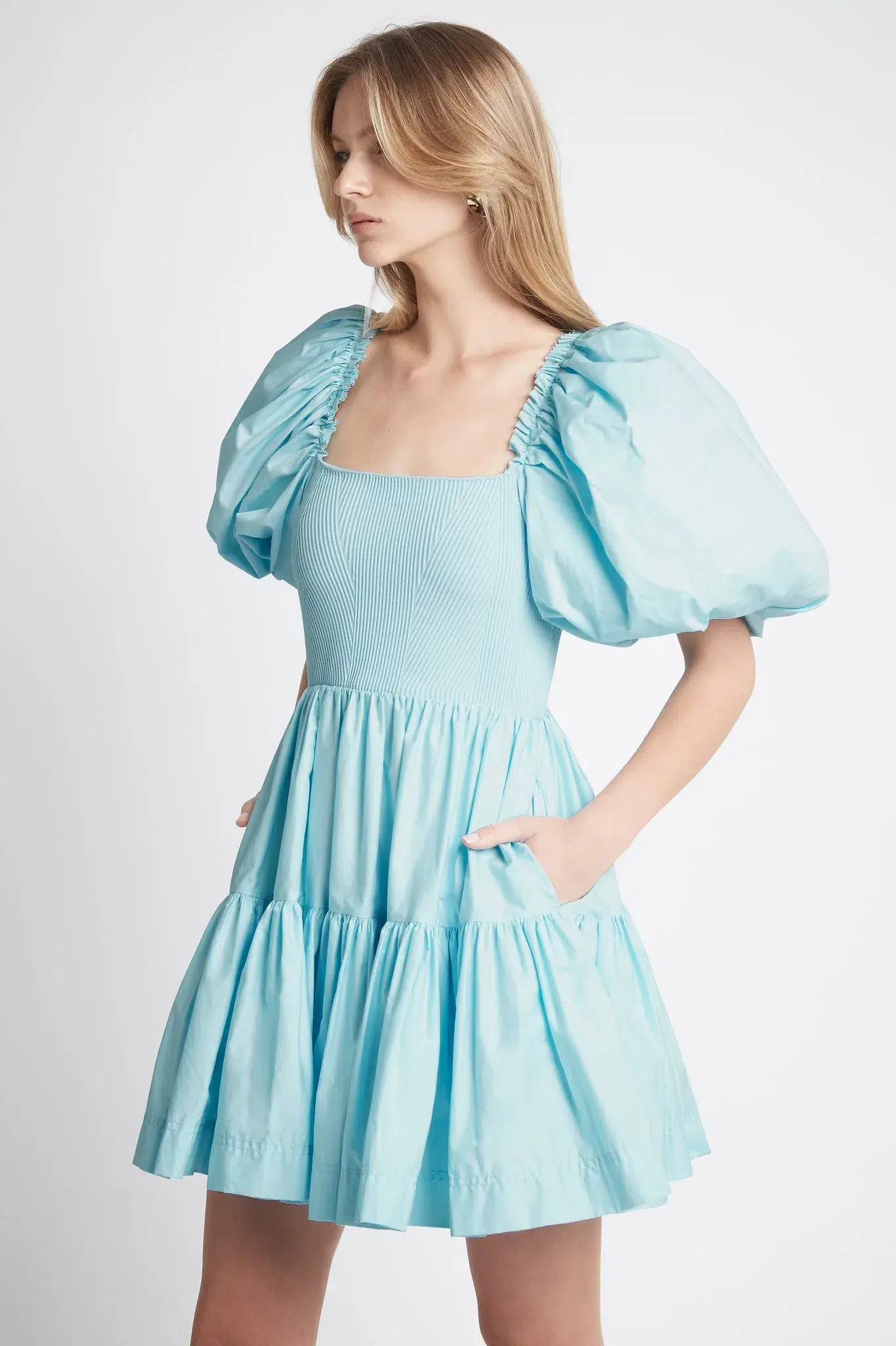 Aje Casa Puff Sleeve Knit Mini Dress Ice Blue Size 14 - Image 5