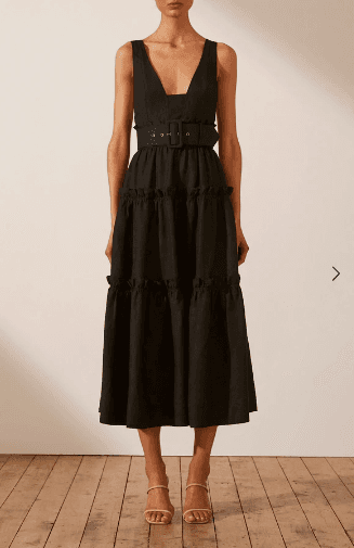 NICOLETTE LINEN TIERED MIDI DRESS - BLACK - Image 4