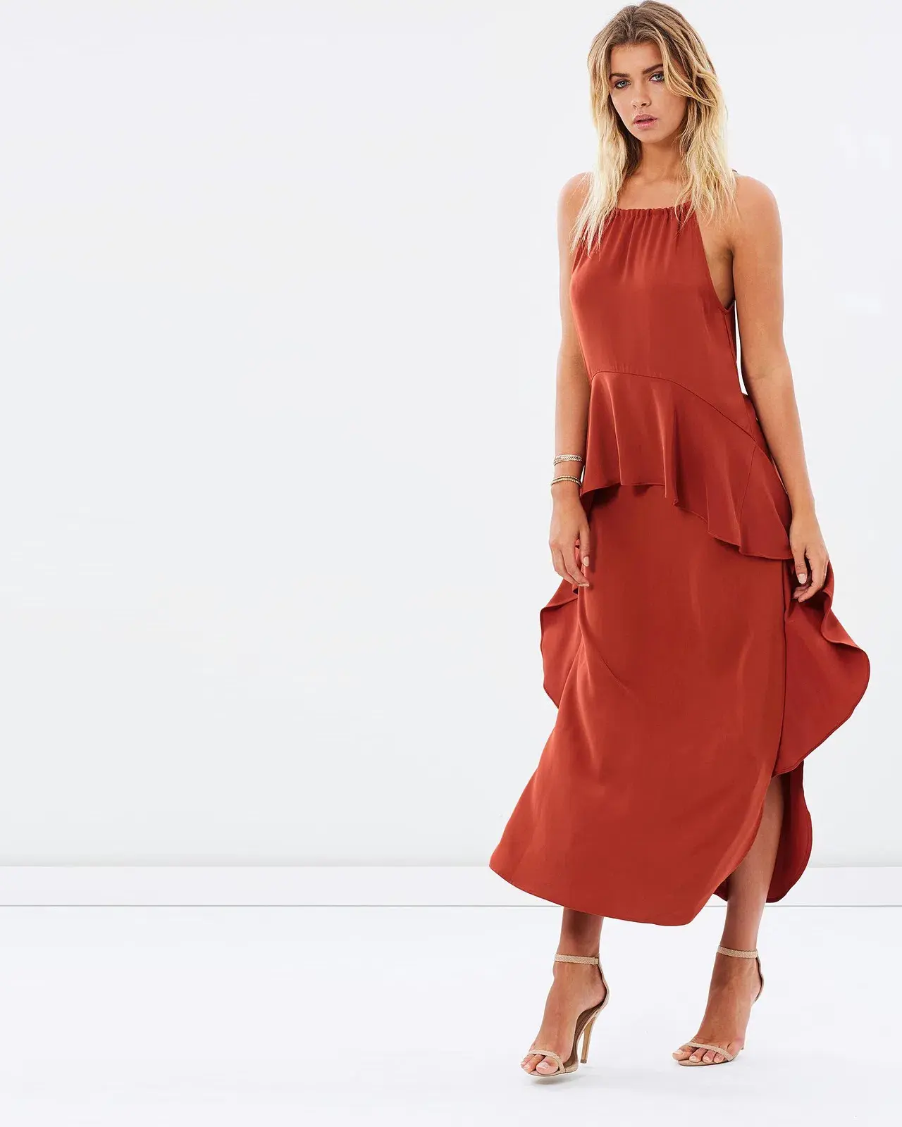 Shona Joy Voltaire Ruched Ruffle Midi Dress Rust Size 6 - Image 2