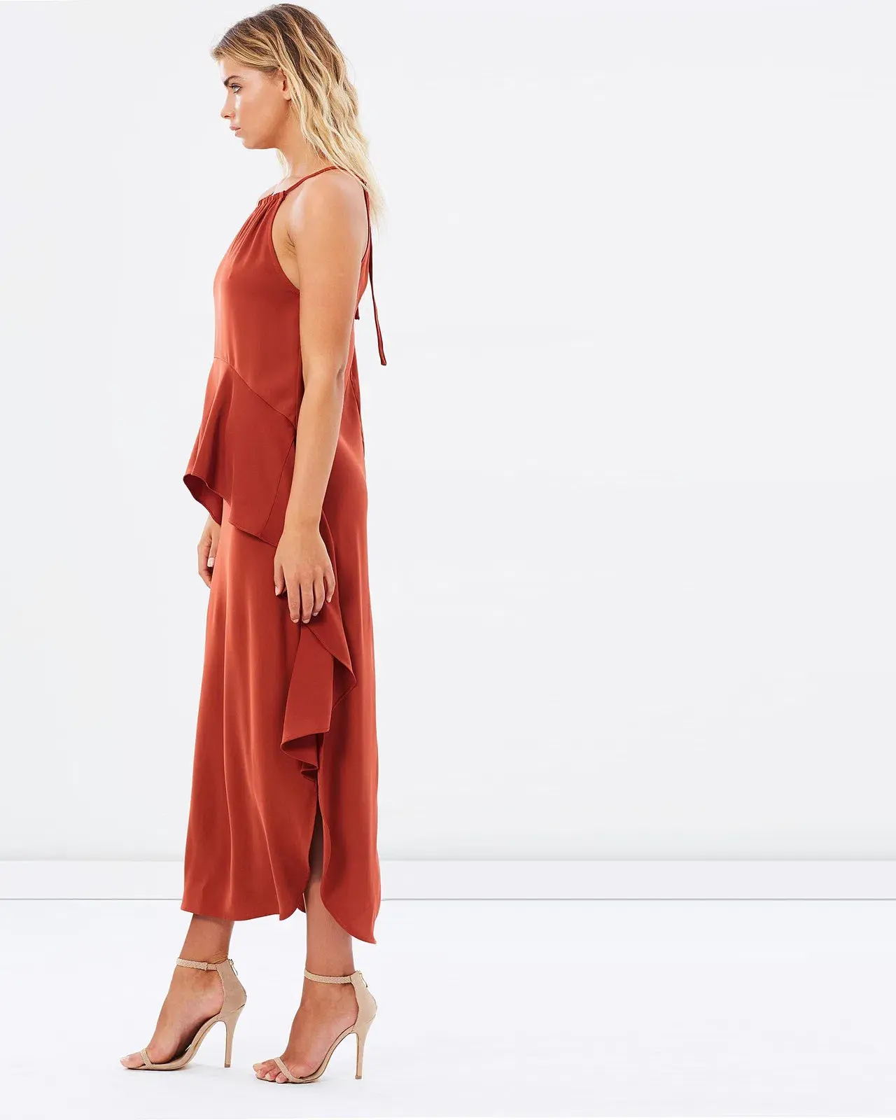 Shona Joy Voltaire Ruched Ruffle Midi Dress Rust Size 6 - Image 5