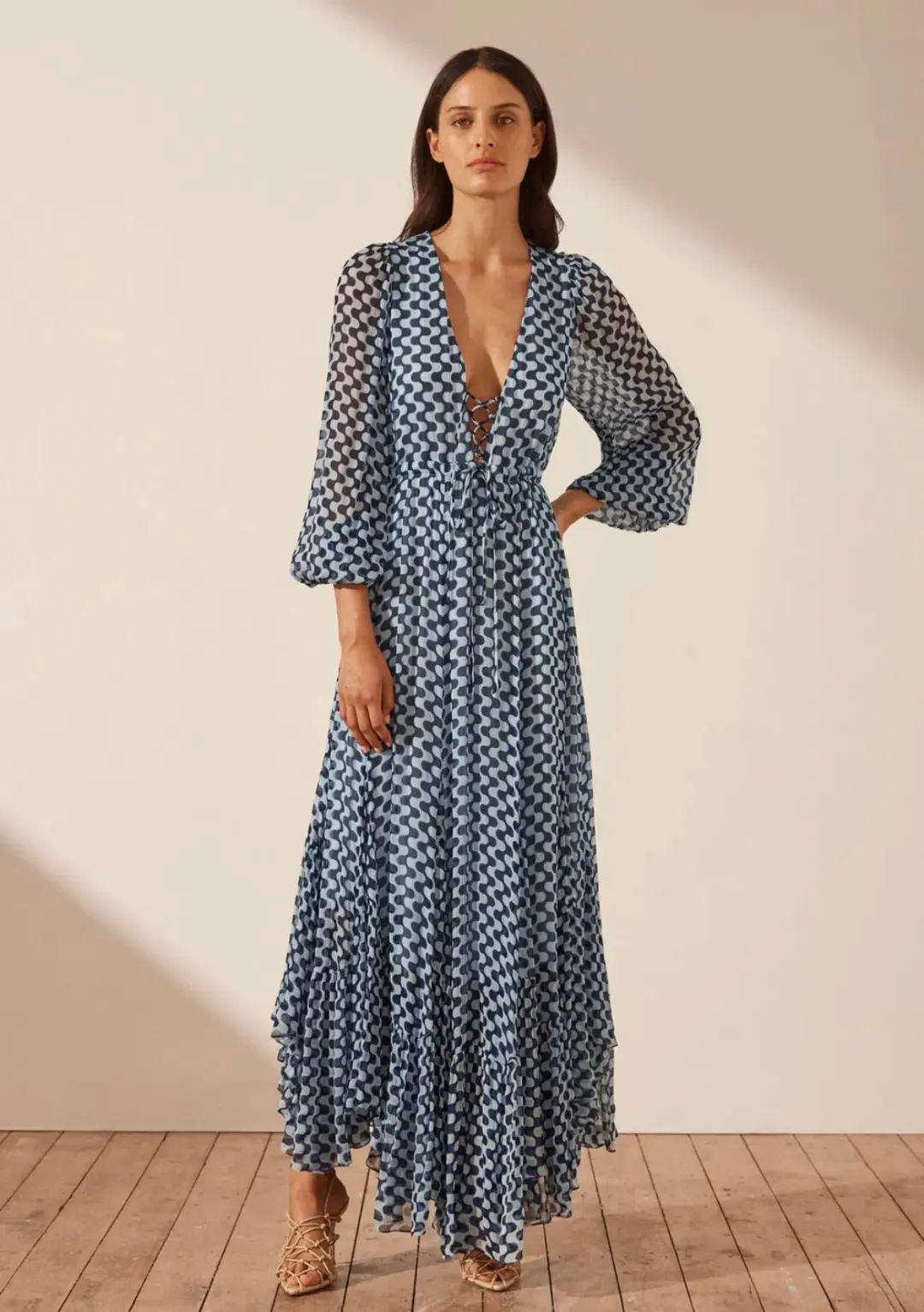 Shona Joy Elina Lace Front Drawstring Maxi Dress Print Size 12 for rent on The Volte - main image