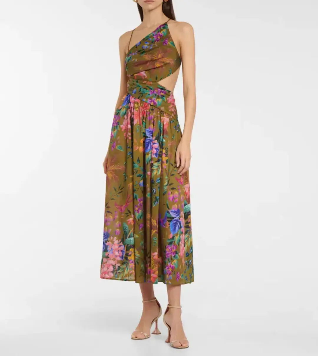 Zimmermann Tropicana Asymmetric Midi Dress Khaki Floral Size 2 / AU 12 for rent on The Volte - main image