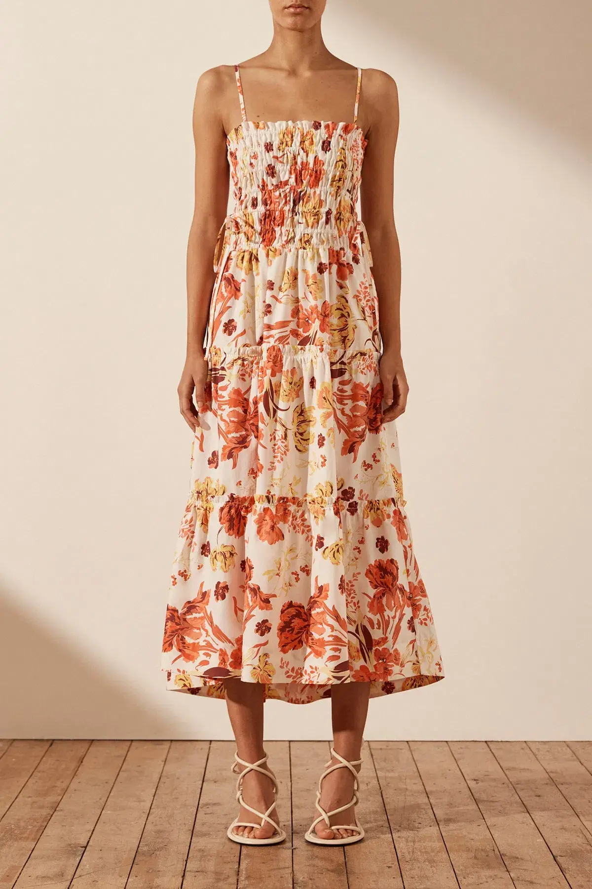 Shona Joy Kalani Shirred Tiered Midi Dress Floral Size 8  - Image 1