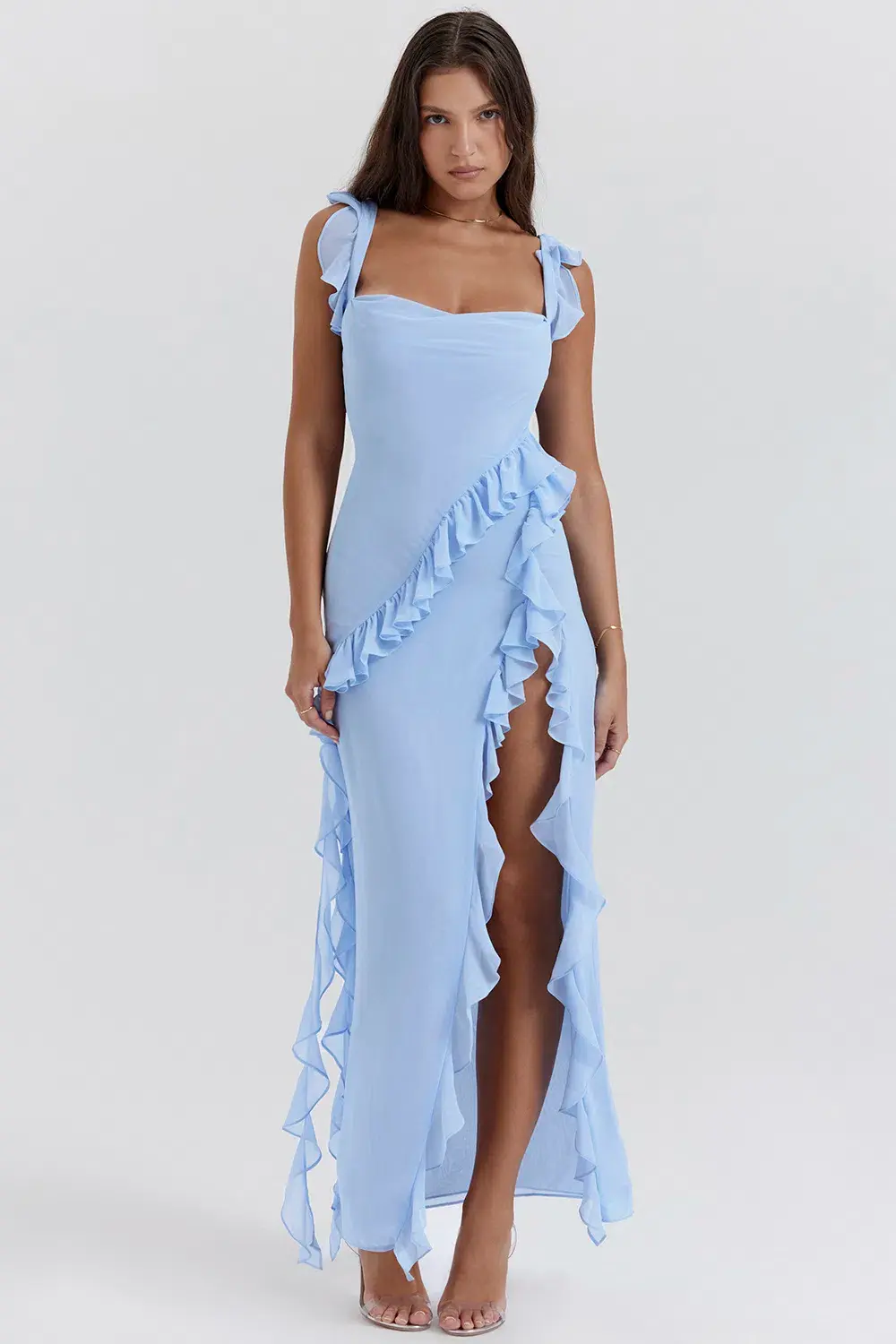 House Of CB Ariela Ruffle Maxi Dress in Soft Blue Size 8 - Image 1