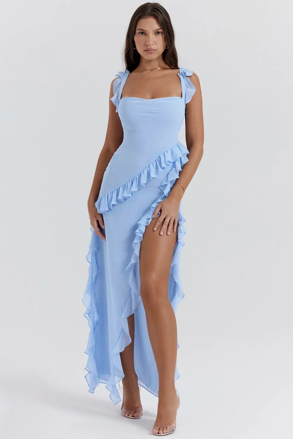 House Of CB Ariela Ruffle Maxi Dress in Soft Blue Size 10 - Image 1