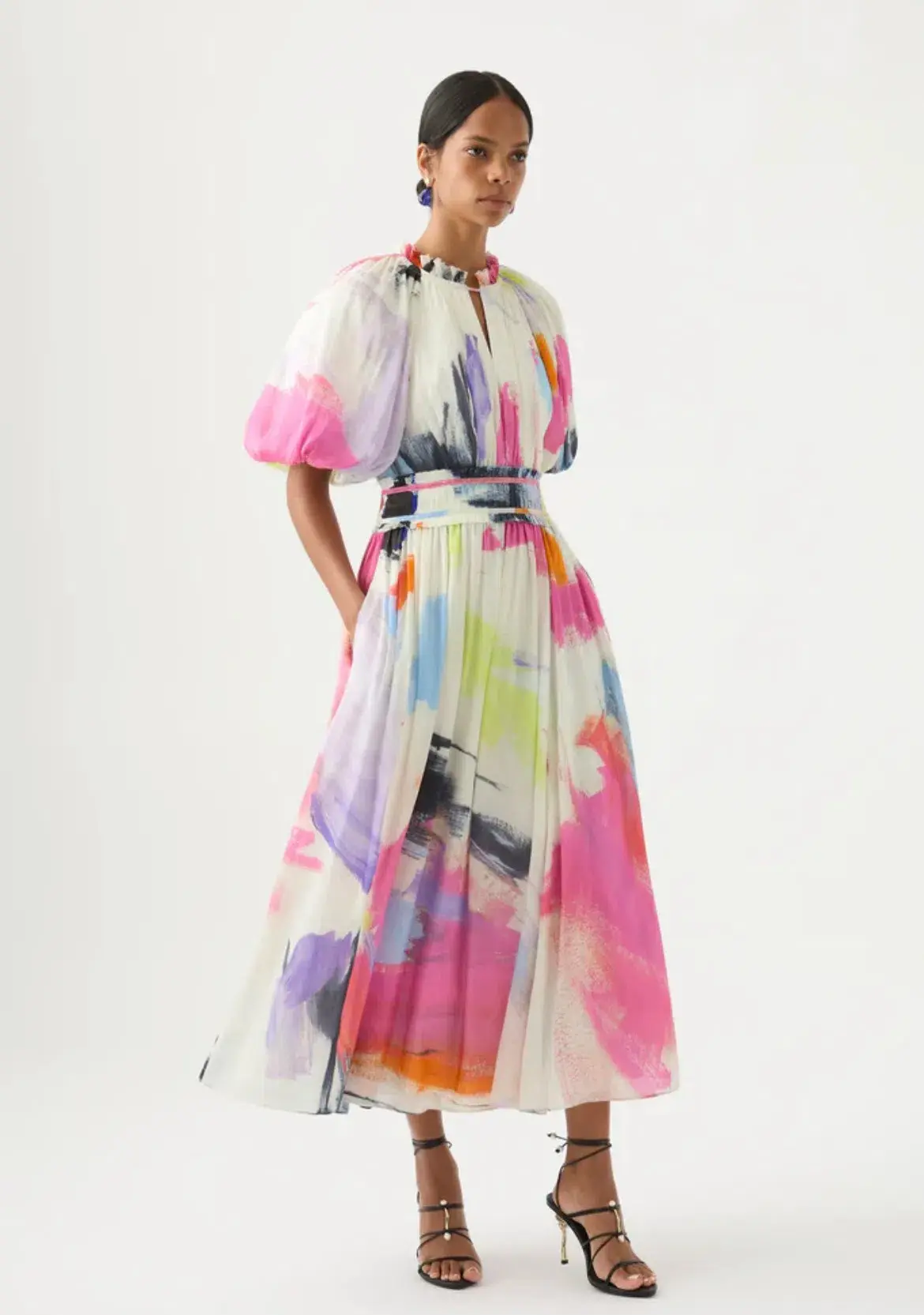 Aje Elysium Blouson Midi Dress Abstract Sunset Print Size 8 - Image 1