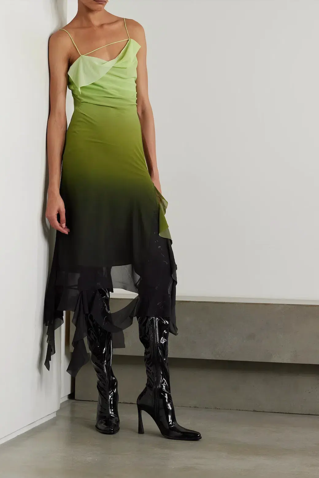 Acne Studios Asymmetric Ruffled Ombré Chiffon Midi Dress Green AU Size 6 - Image 1