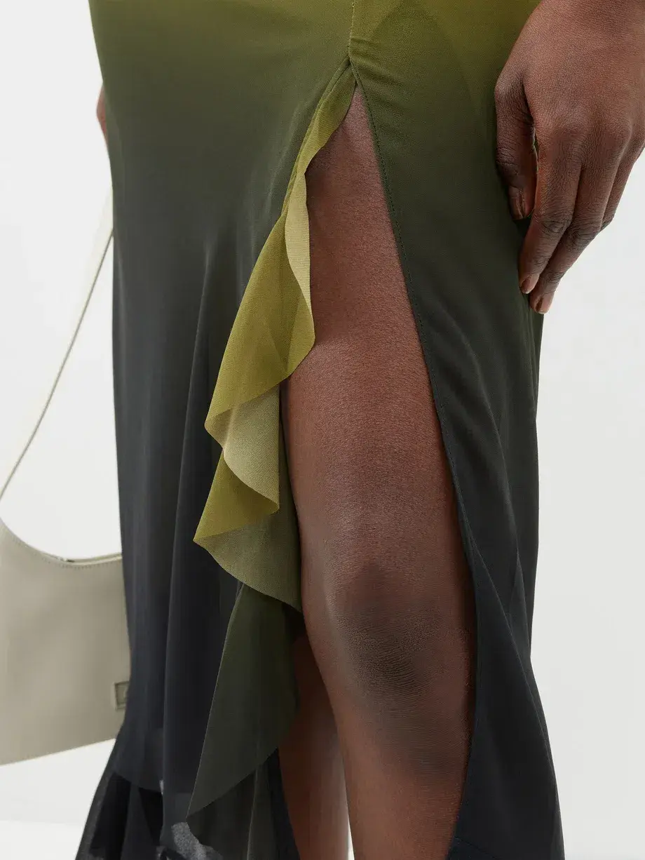 Acne Studios Asymmetric Ruffled Ombré Chiffon Midi Dress Green AU Size 6 for rent on The Volte - main image